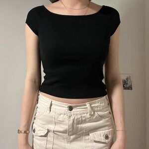 H&M Black Ribbed Cap-Sleeve Crop Top